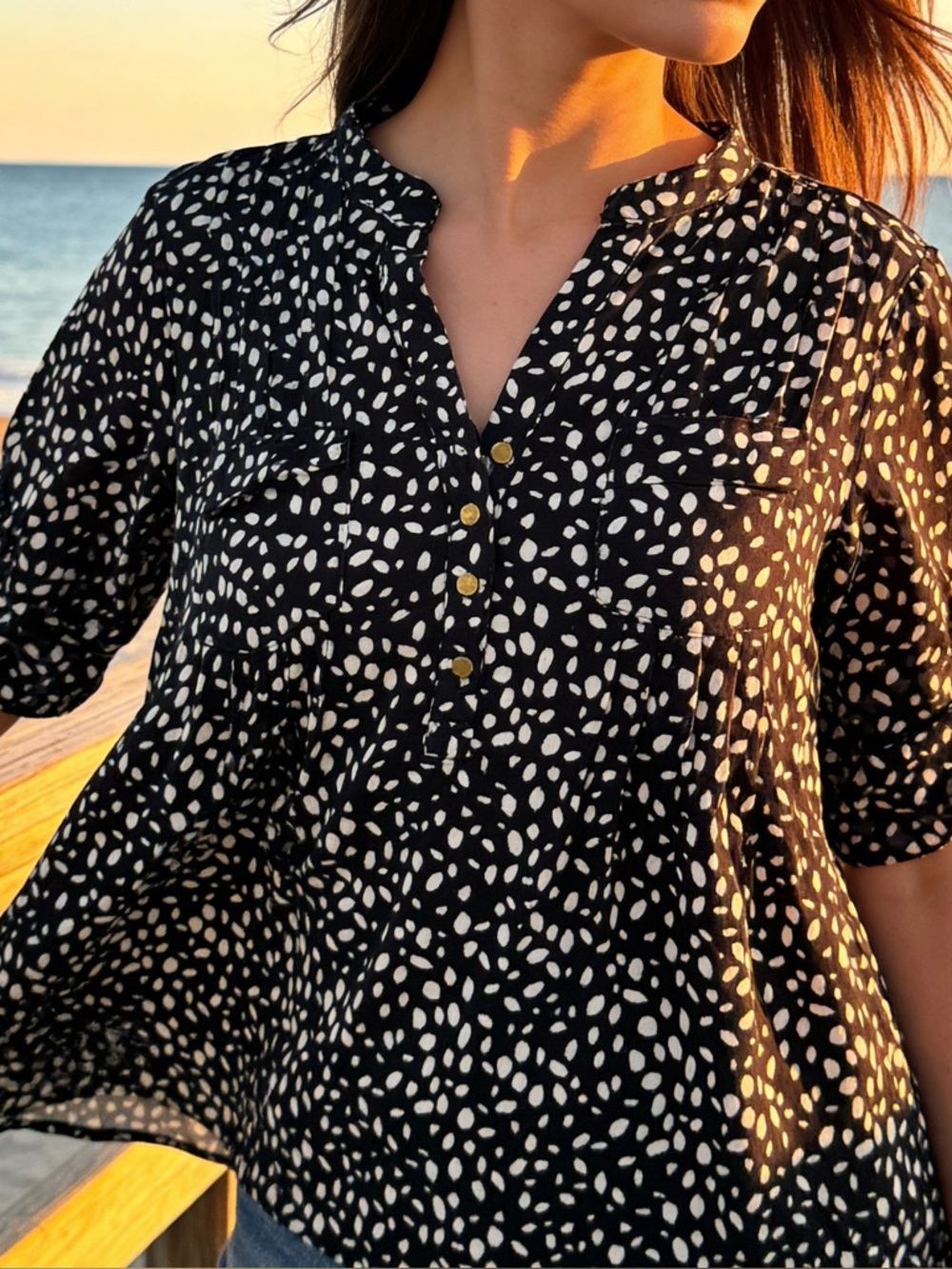 Cocomo Plus Size 2X Stretch Black & White Polka Dot Print Blouse Top 3/4 Sleeve